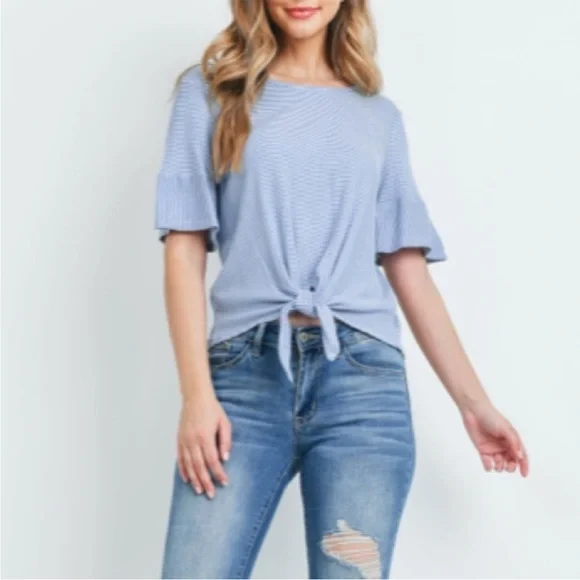 Blue & White Stripe Ruffle Sleeve Top - Picture 8 of 10